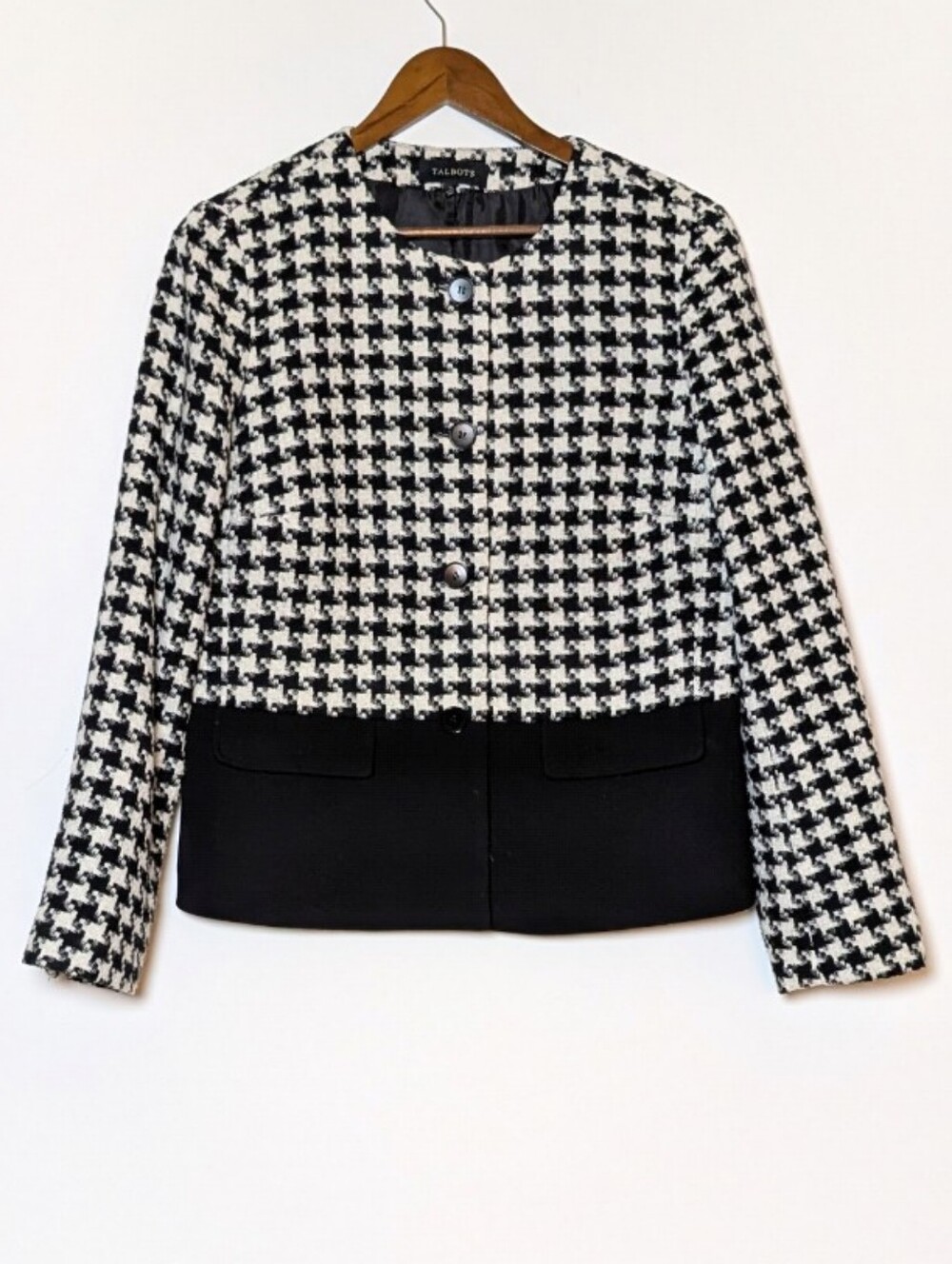 Talbots Blazer Jacket‎ Black White Herringbone Wool Blend Size 12 Collarless
